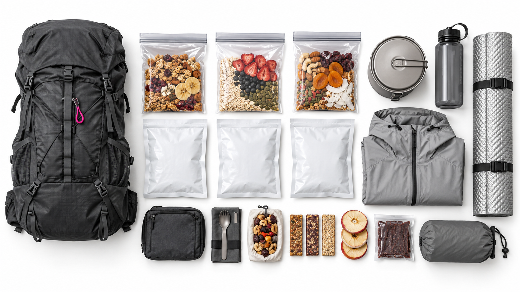 Backpack, daily food bags, and camping gear laid out neatly on a white floor.